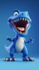Naklejka premium Playful 3D baby tyrannosaurus rex roaring with wide-open mouth and cheerful smile against vibrant blue backdrop