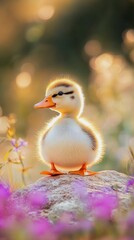 Fluffy yellow duckling perching on rock amid lavender blooms, basking in golden sunshine