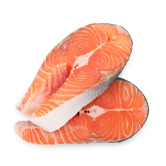 Steaks of fresh raw salmon isolated on white, top view