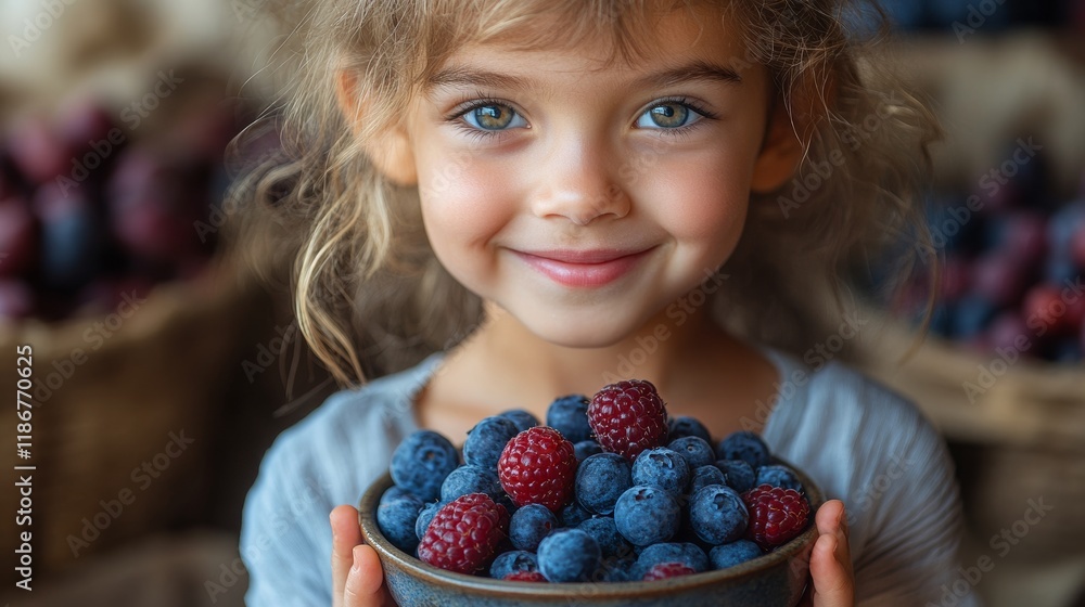Poster cheerful child displaying colorful mixed berries, representing nutritious snacking and kid-friendly 