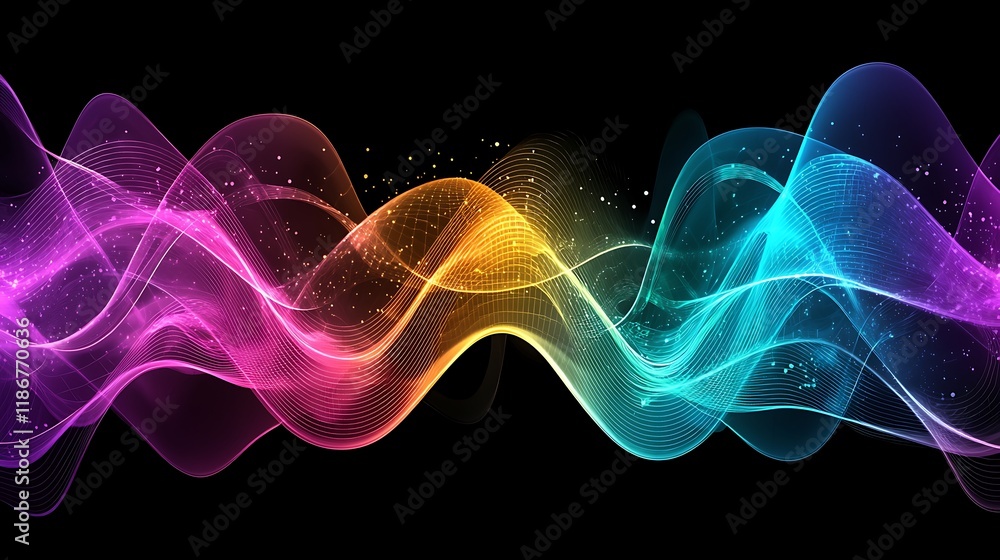 Poster vibrant holographic waveforms blending together with colorful light trails on a black background, re