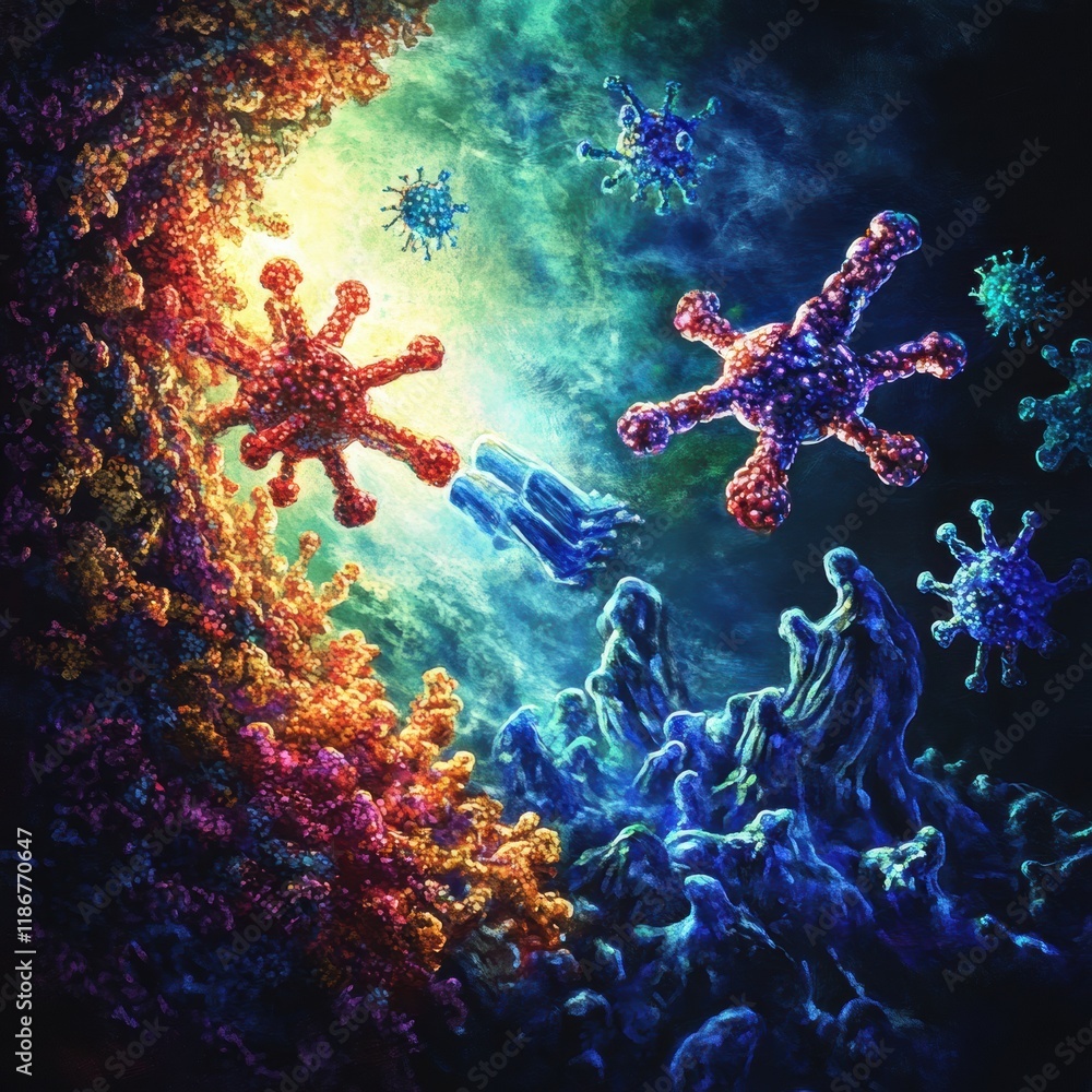 Poster antibodies engage in combat against a virus in a colorful microscopic environment. generative ai