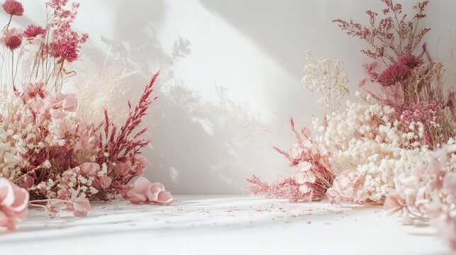 White wall with dried flowers, place for photo shooting.
 Photo backdrops wedding flower