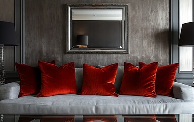 Luxurious grey sofa with red velvet cushions in modern interior