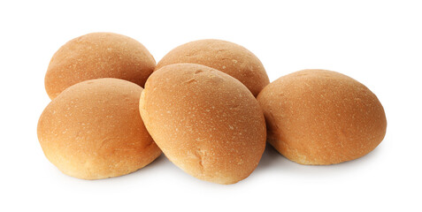 Many fresh tasty buns isolated on white