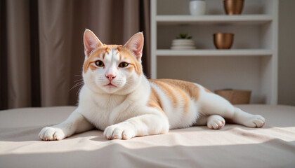 Calm domestic cat lounging in a serene position on a light fabric surface with warm sunlight
