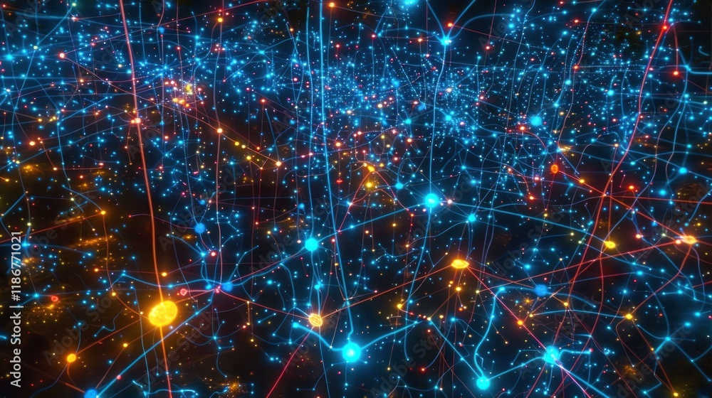 Poster abstract glowing network nodes and connections.