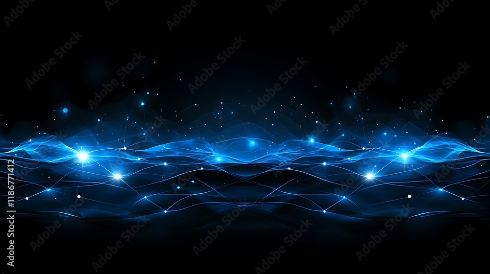 Poster mesmerizing digital waves and particles flowing seamlessly across a dark background with a luminous 