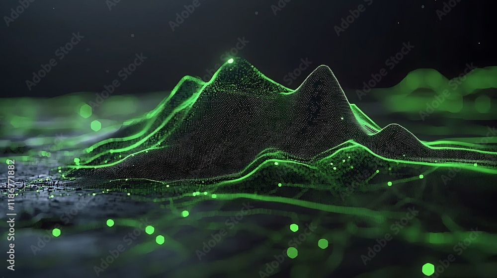 Poster dynamic abstract background featuring high-tech green mountain landscape with digital elements for m