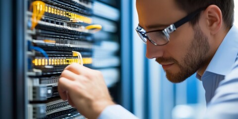 Focused IT Technician: A concentrated IT professional meticulously connects network cables to a server rack, his focused expression highlighting the precision and importance of his work. 