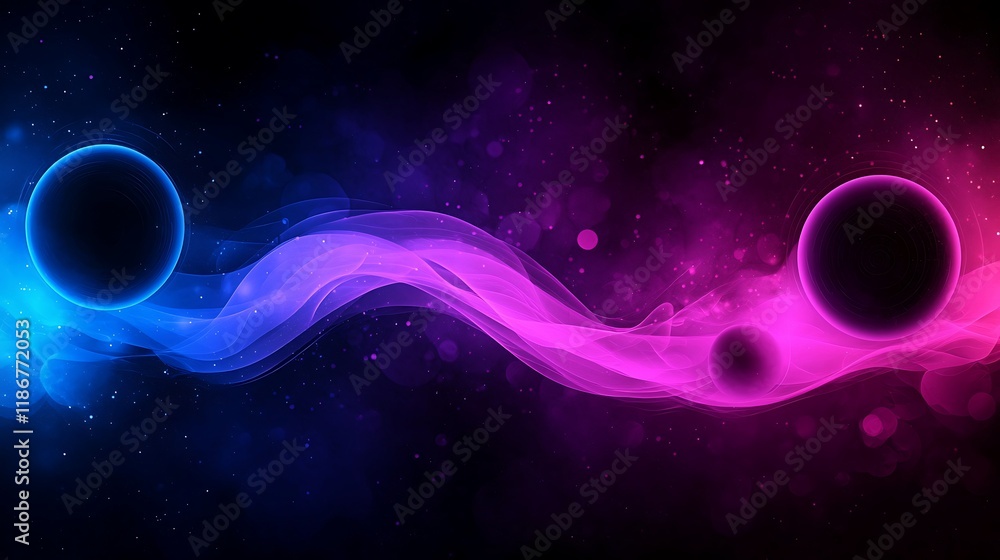 Poster dynamic holographic spheres floating in abstract space with vibrant colors and ethereal patterns for