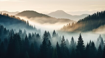 Obraz premium Foggy Trees in a Misty Mountain Forest: A Scenic Landscape Travel Background with Natural Morning Mist and Enchanting Trees in Nature's Environment