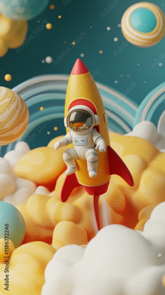 Poster 3d render of an astronaut flying through space on a colorful rocket, surrounded by planets and cloud