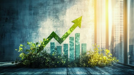 Business growth concept with a green arrow pointing upwards on a bar chart, symbolizing success, progress, and financial improvement. illustration