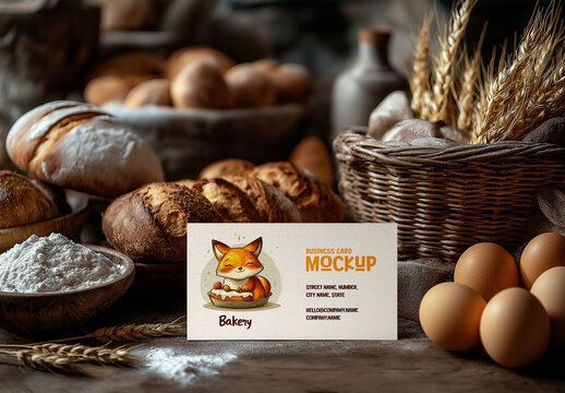 Bakery Business Card Mockup &ndash; Rustic Wooden Table Scene with Fresh Bread, Eggs and Wheat Elements for Artisan Bakery Branding or Pastry Shop Promotion