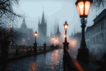 Obraz premium A gothic-style urban street at twilight, with ornate lampposts, mist swirling around, and towering spires silhouetted against the fading light