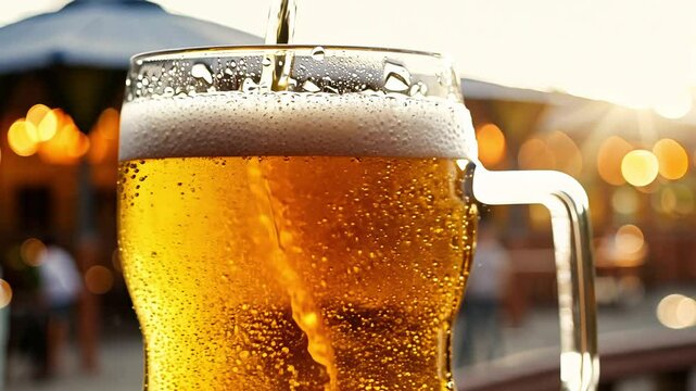 Tracking video of a pouring light beer, clear with bubbles, beer stein, blurred outdoor setting, venetian lighting, realistic documentary