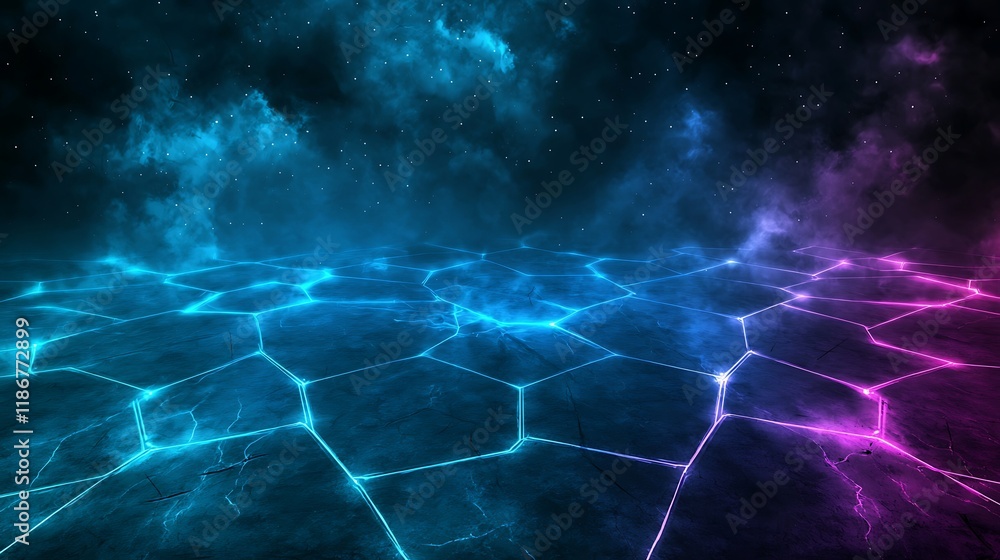 Poster ethereal landscape with flowing neon gradients featuring a dazzling array of hexagonal patterns and 