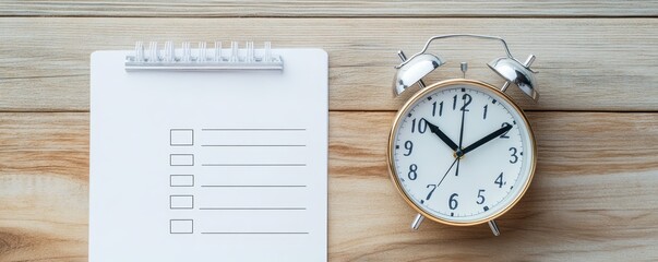 A vintage clock next to a notepad with checkboxes for planning.