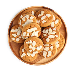 Tasty cookies with almond flakes isolated on white, top view