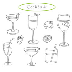 Cocktails set of doodles, vector illustration, hand drawing