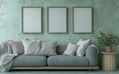 Green wall living room mockups; sofa, pillows, plant. Home decor