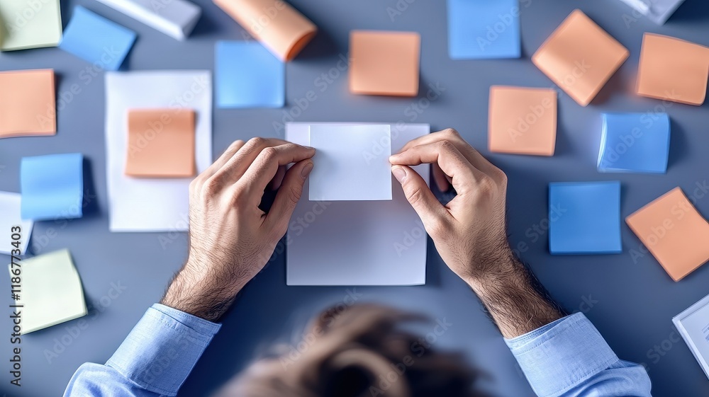 Poster a person is preparing notes on a blank sheet surrounded by colorful sticky notes, engaged in brainst