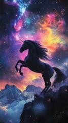 Naklejka premium Majestic black unicorn rearing against starry mountain backdrop, cosmic nebula swirling with ethereal luminescence