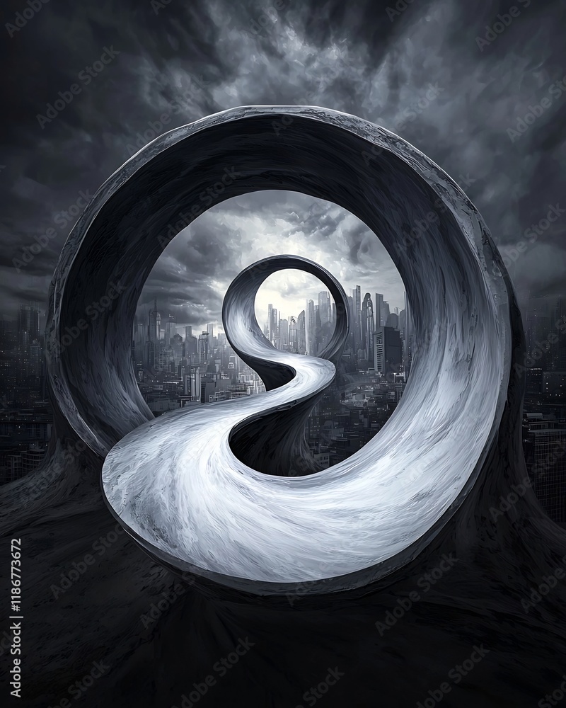Poster abstract background design featuring swirling wavy iridescent shapes in monochromatic hues creating 