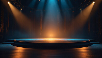 Theatrical stage with dramatic lighting, spotlights, empty circular platform, moody atmosphere, performance space, dark background, spotlight effects. Generative AI