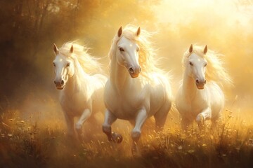 Obraz premium A herd of unicorns running through an enchanted forest, their glowing horns lighting the misty path