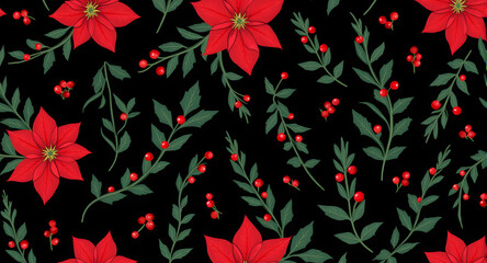 Festive Poinsettia and Berry Seamless Pattern