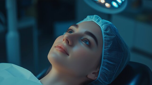 portrait of a woman lying on a counch in cosmetic room ready for a cosmetic procedure