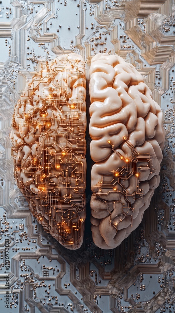 Poster artificial intelligence concept showing half human brain and half electronic circuit merging togethe