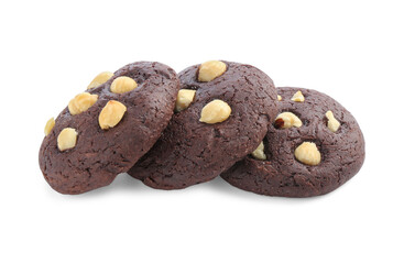 Tasty chocolate cookies with hazelnuts isolated on white