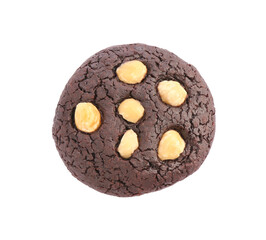One tasty chocolate cookie with hazelnuts isolated on white, top view