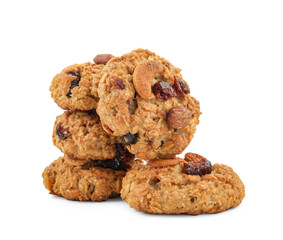 Delicious oatmeal cookies with dried cranberries and nuts isolated on white