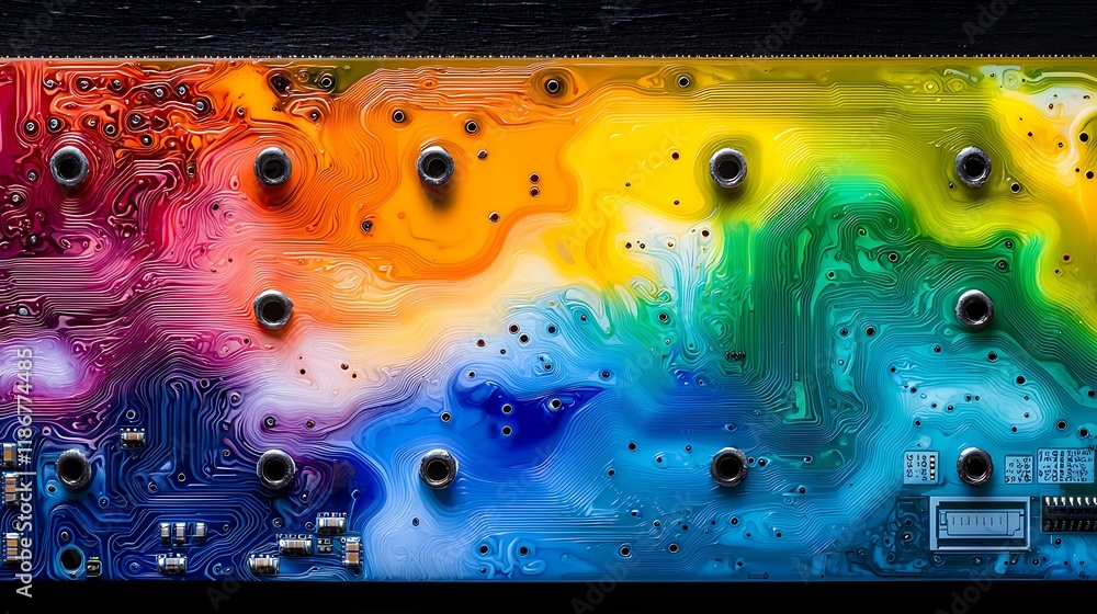 Poster vibrant futuristic circuit board with abstract patterns in a multicolored design showcasing interwov