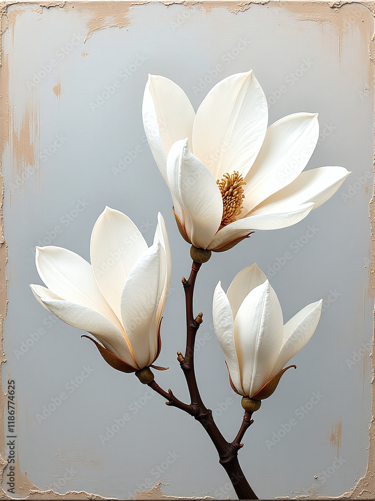 Poster Acrylic Painting Featuring White Magnolia Brush Strokes On Canvas With Textured Background For A Unique Artistic Piece To Display. 00001