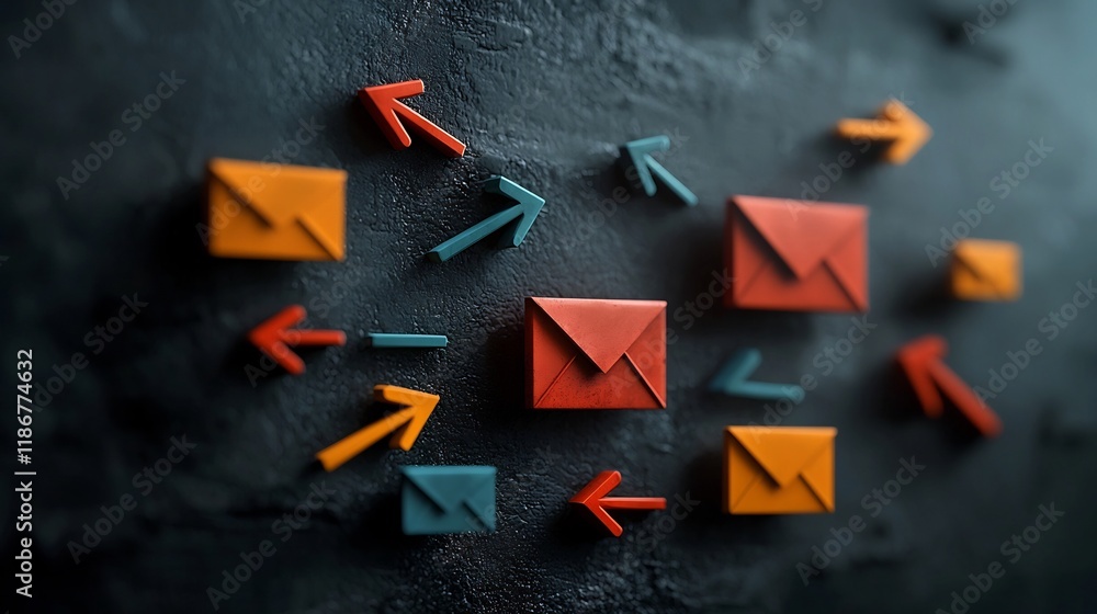 Poster freehand user icons arrows and mail envelope symbols on a dark background representing worldwide con