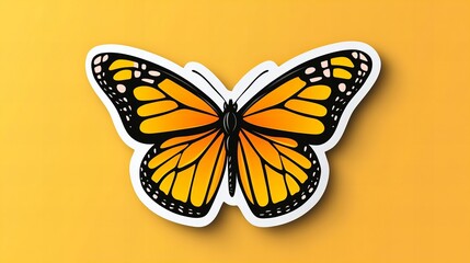 Obraz premium Vibrant monarch butterfly sticker on a warm yellow background. A cheerful, nature-inspired design.