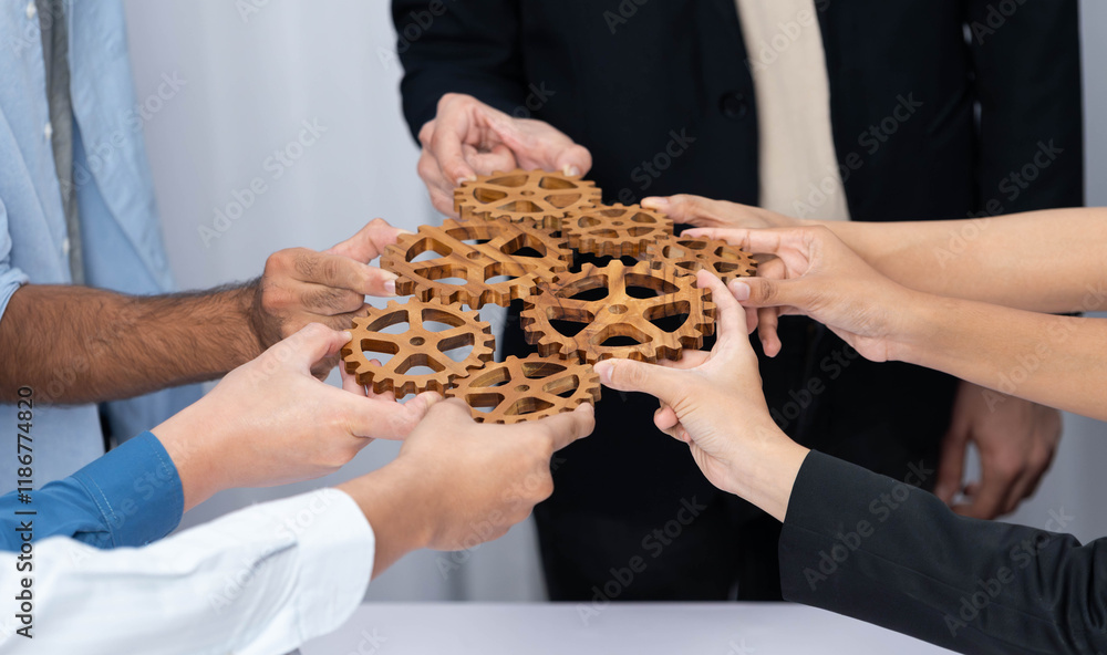 Aufkleber Business team joining cogwheel in circular together symbolize successful group of business partnership and strong collective unity teamwork in community workplace with productive efficiency. Prudent