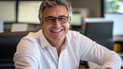 Obraz premium Smiling Businessman Portrait: A friendly, middle-aged man with glasses smiles warmly at the camera, exuding confidence and approachability in his office setting. 