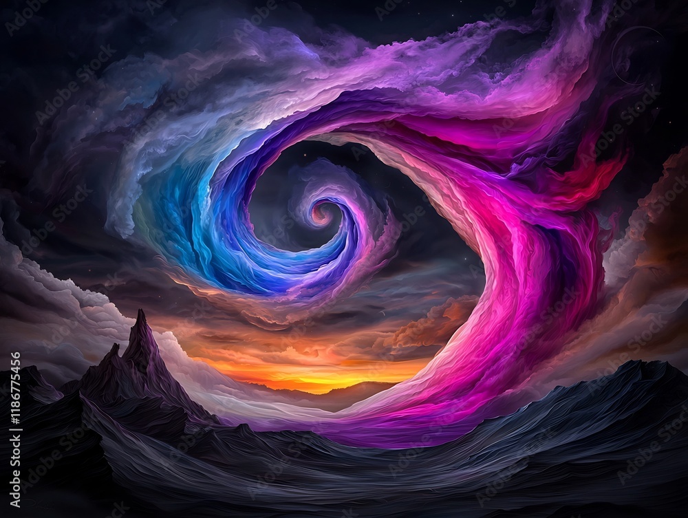 Poster mesmerizing cosmic vortex of swirling iridescent ethereal shapes in dynamic motion creating a vibran