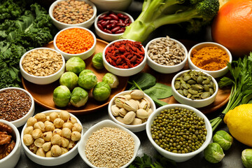 Superfood. Different healthy food products on grey table