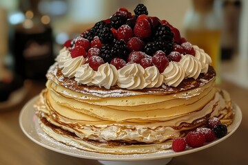Decadent Crepe Cake: Layers of delicate crepes are stacked high, generously topped with whipped cream and a vibrant mix of fresh raspberries and blackberries.