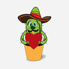 Cartoon illustration of a cactus in a Mexican hat in a flower pot with a red heart in its hands. Valentine s Day illustration isolated on a white background.