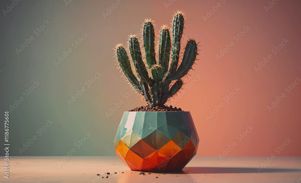 Aufkleber cactus is in a vase with a brown and orange base. the vase is on a table
