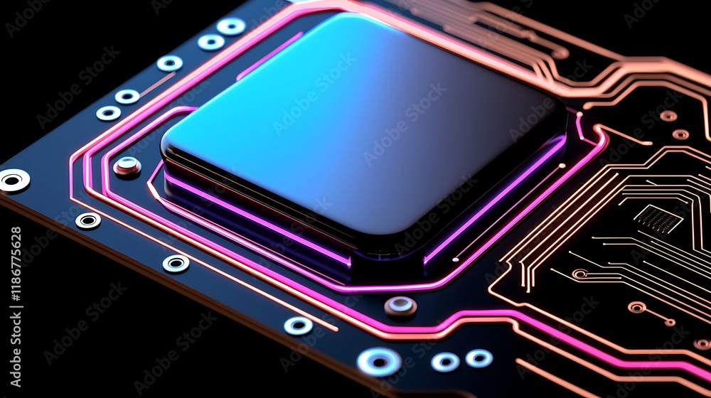 Poster futuristic cityscape featuring glowing circuit patterns on a high-tech chip, emphasizing advanced te