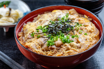 A delicious and nutritious Japanese dish consisting of rice topped with chicken, egg, and vegetables.